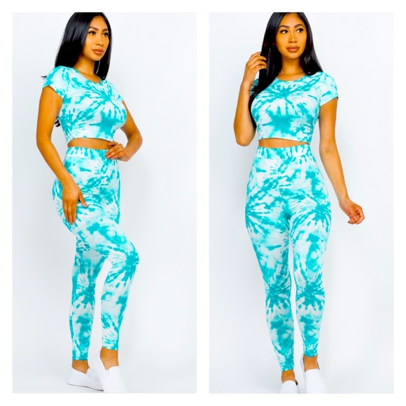 Aqua Tie Dye Crop Top Leggings Set - Picture 2 of 3